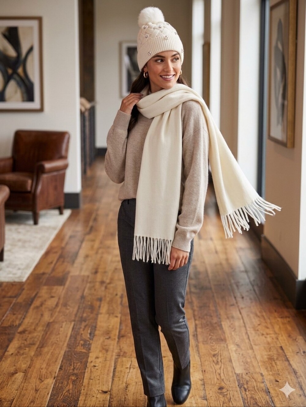 NWOT Vince Camuto Embellished Pom Beanie & Solid Fringe Scarf Set Cream